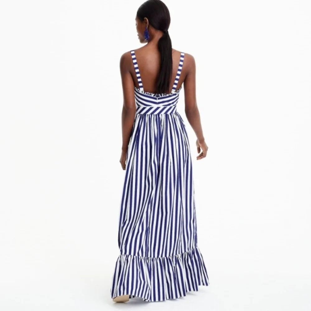 J. Crew Navy and White Striped Ruffle Maxi Dress